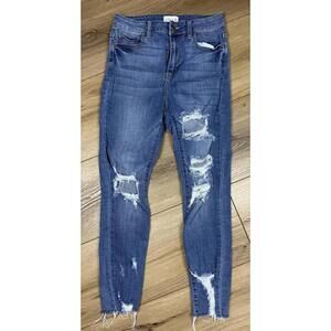 Cello Jeans Juniors 7 Blue Medium Wash Distressed Skinny Raw Hem Stretch Denim